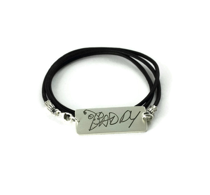 Silver and Leather Memorial Bracelet - Your Loved Ones Actual Handwriting