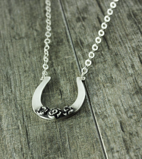 Horseshoe Necklace Fine Silver "Lucky to Find Love"